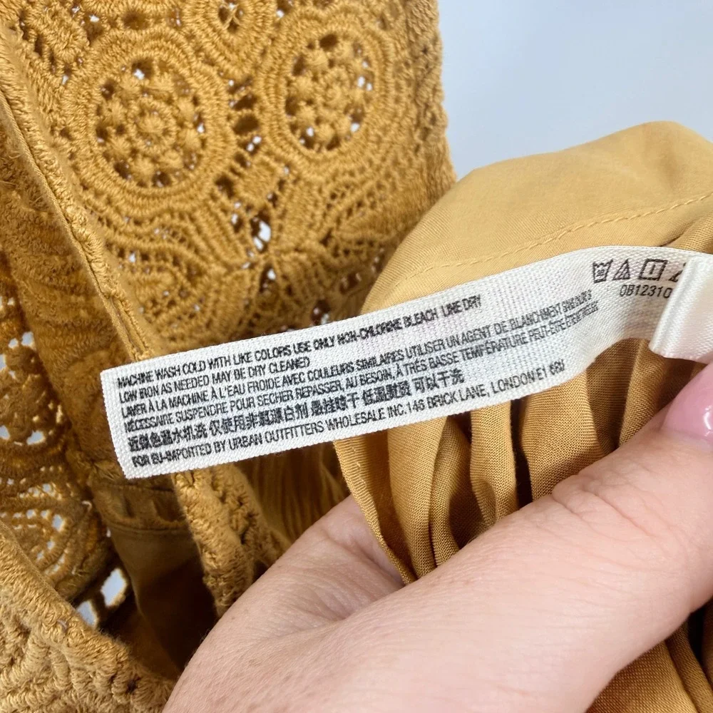 Free People Mustard Yellow Crochet Lace V-Neck Ruffle Mini Dress Womens Medium